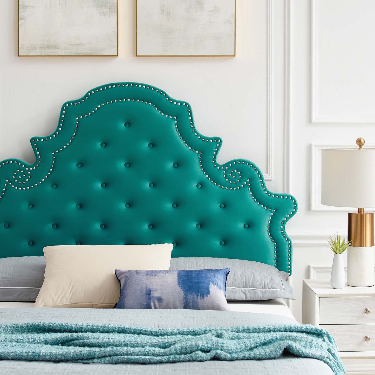 Gwyneth Tufted Performance Velvet King Platform Bed, Velvet, Teal Blue, 22752