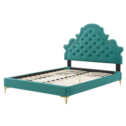 Gwyneth Tufted Performance Velvet King Platform Bed, Velvet, Teal Blue, 22752