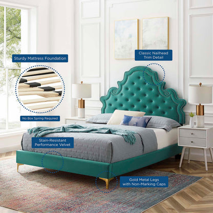 Gwyneth Tufted Performance Velvet King Platform Bed, Velvet, Teal Blue, 22752