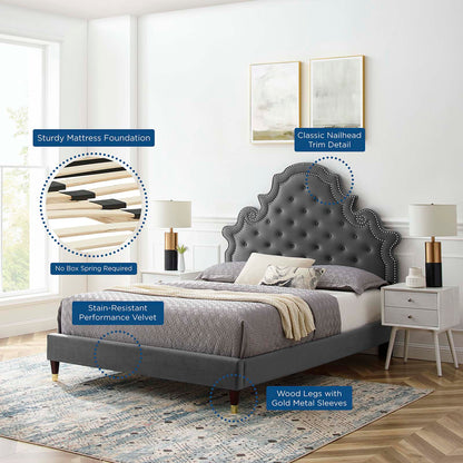 Gwyneth Tufted Performance Velvet King Platform Bed, Velvet, Dark Grey Gray, 22754