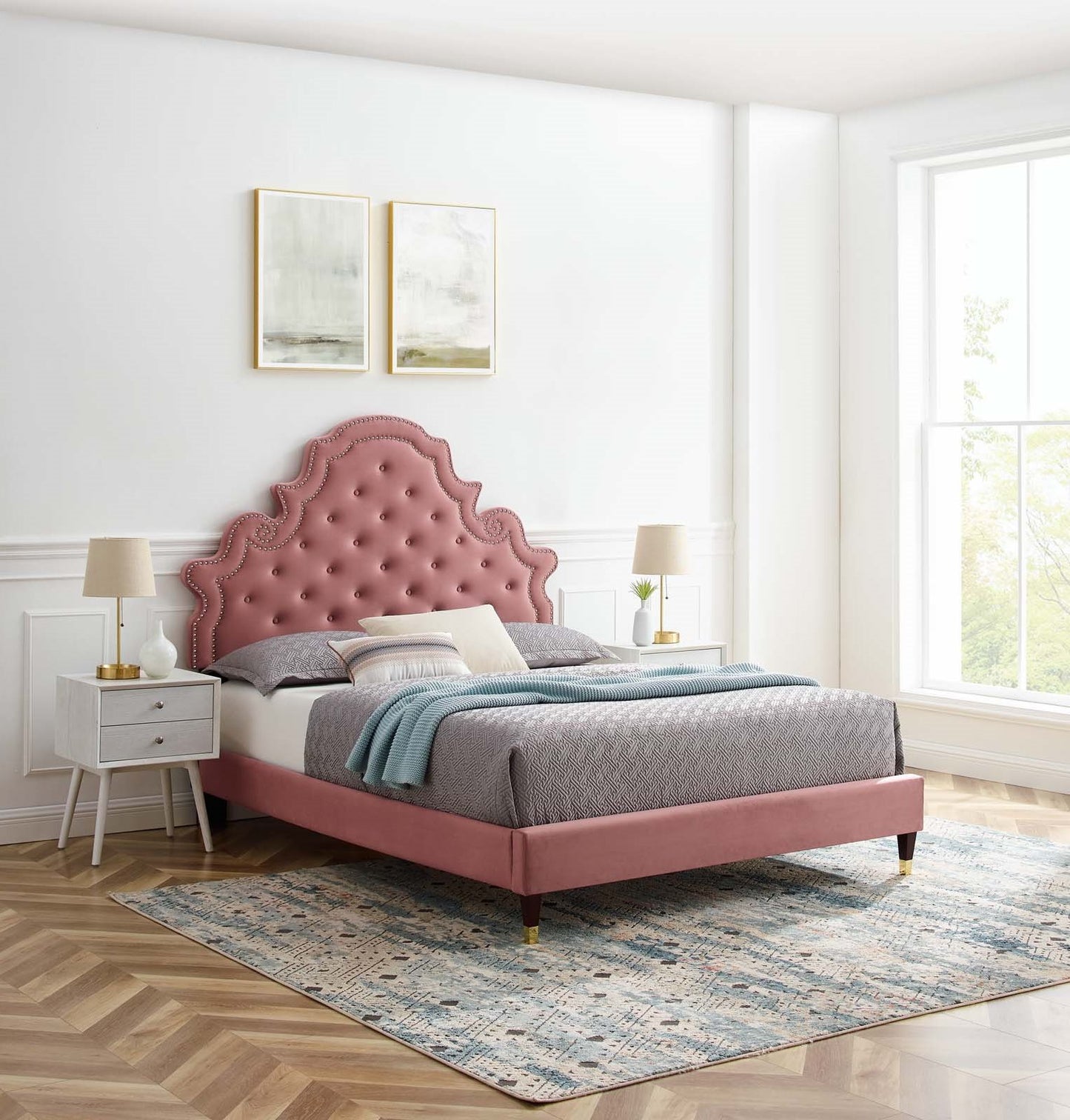Gwyneth Tufted Performance Velvet King Platform Bed, Velvet, Pink, 22755