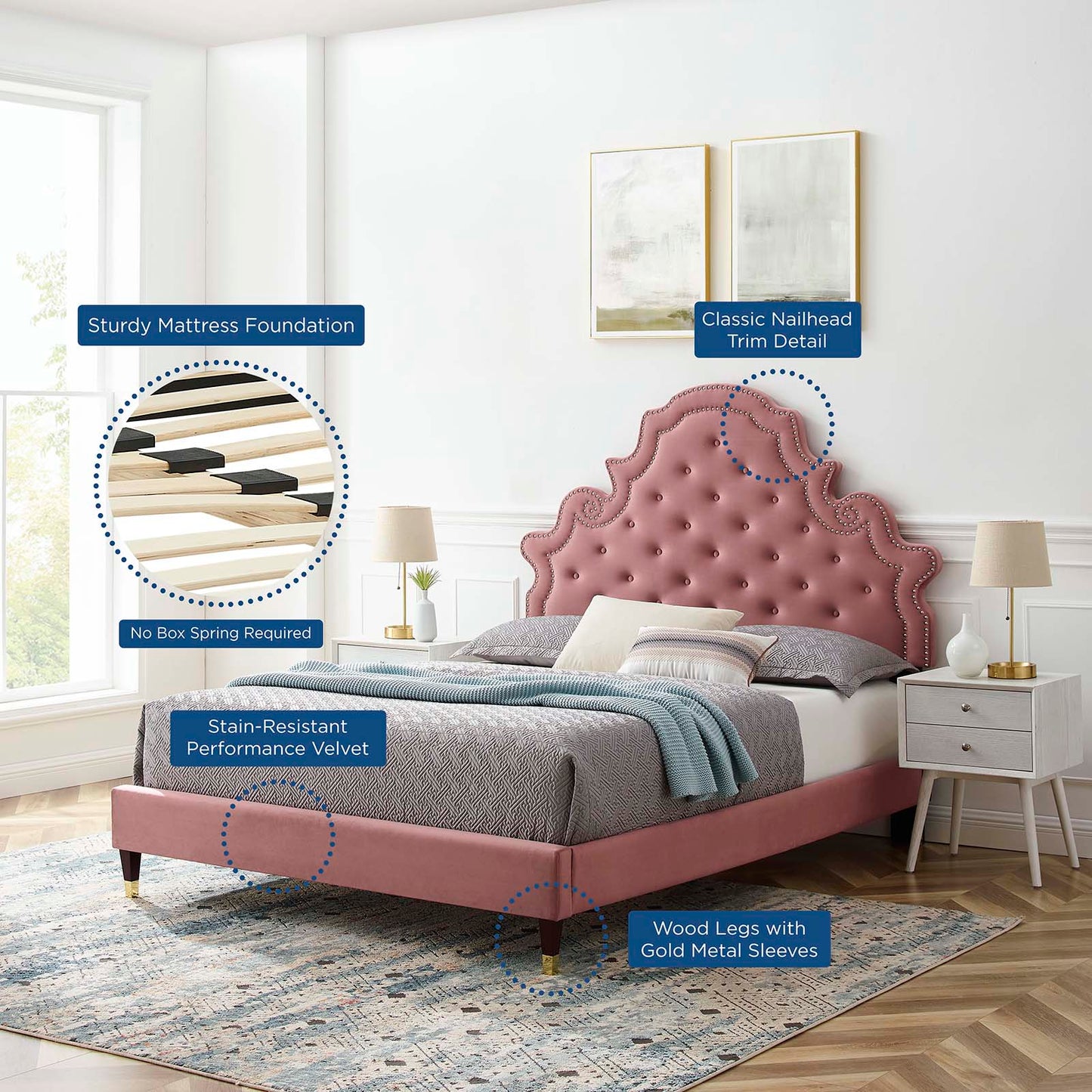 Gwyneth Tufted Performance Velvet King Platform Bed, Velvet, Pink, 22755