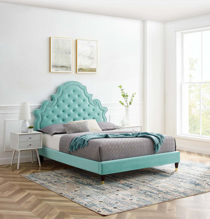 Gwyneth Tufted Performance Velvet King Platform Bed, Velvet, Blue, 22757
