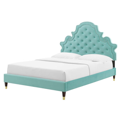 Gwyneth Tufted Performance Velvet King Platform Bed, Velvet, Blue, 22757