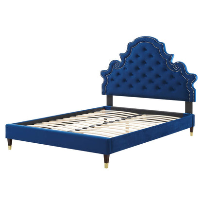 Gwyneth Tufted Performance Velvet King Platform Bed, Velvet, Blue Navy, 22758