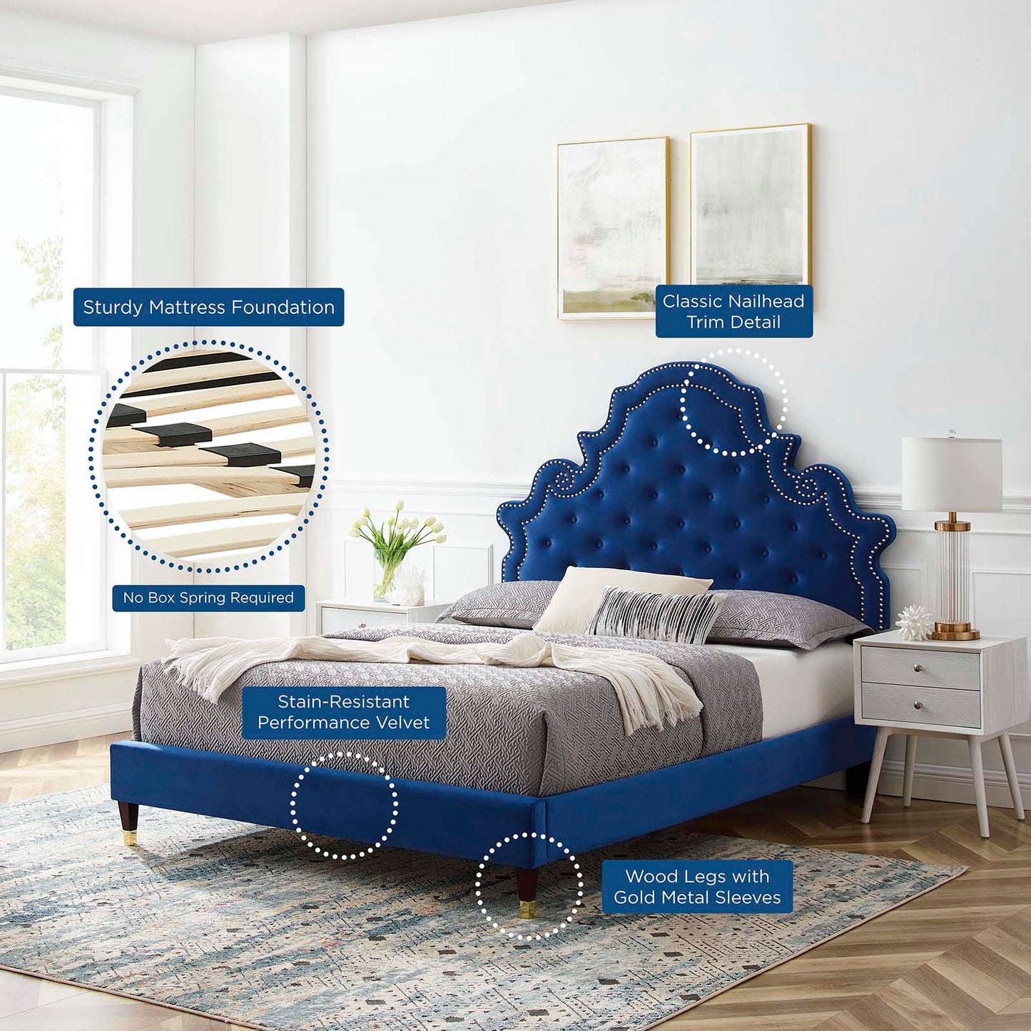 Gwyneth Tufted Performance Velvet King Platform Bed, Velvet, Blue Navy, 22758
