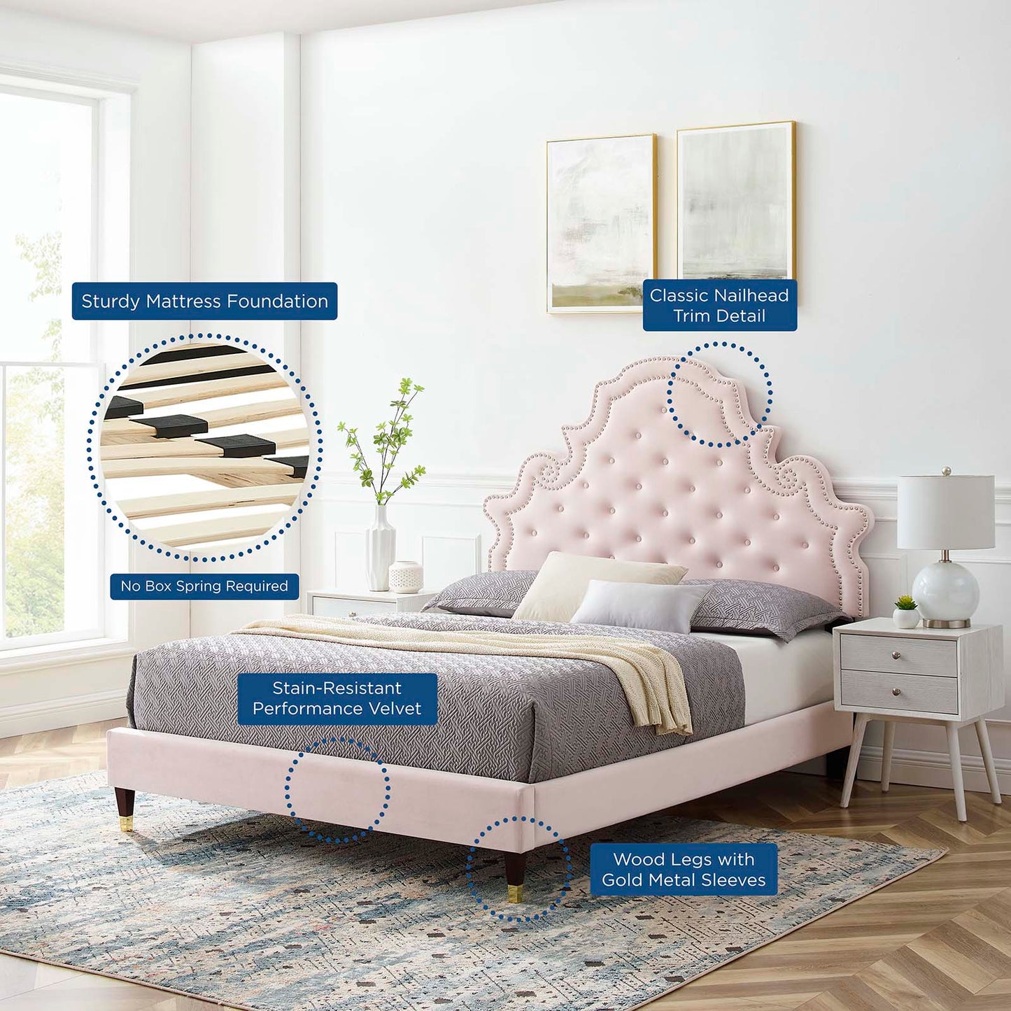Gwyneth Tufted Performance Velvet King Platform Bed, Velvet, Pink, 22759