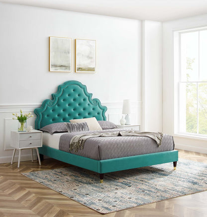Gwyneth Tufted Performance Velvet King Platform Bed, Velvet, Teal Blue, 22760
