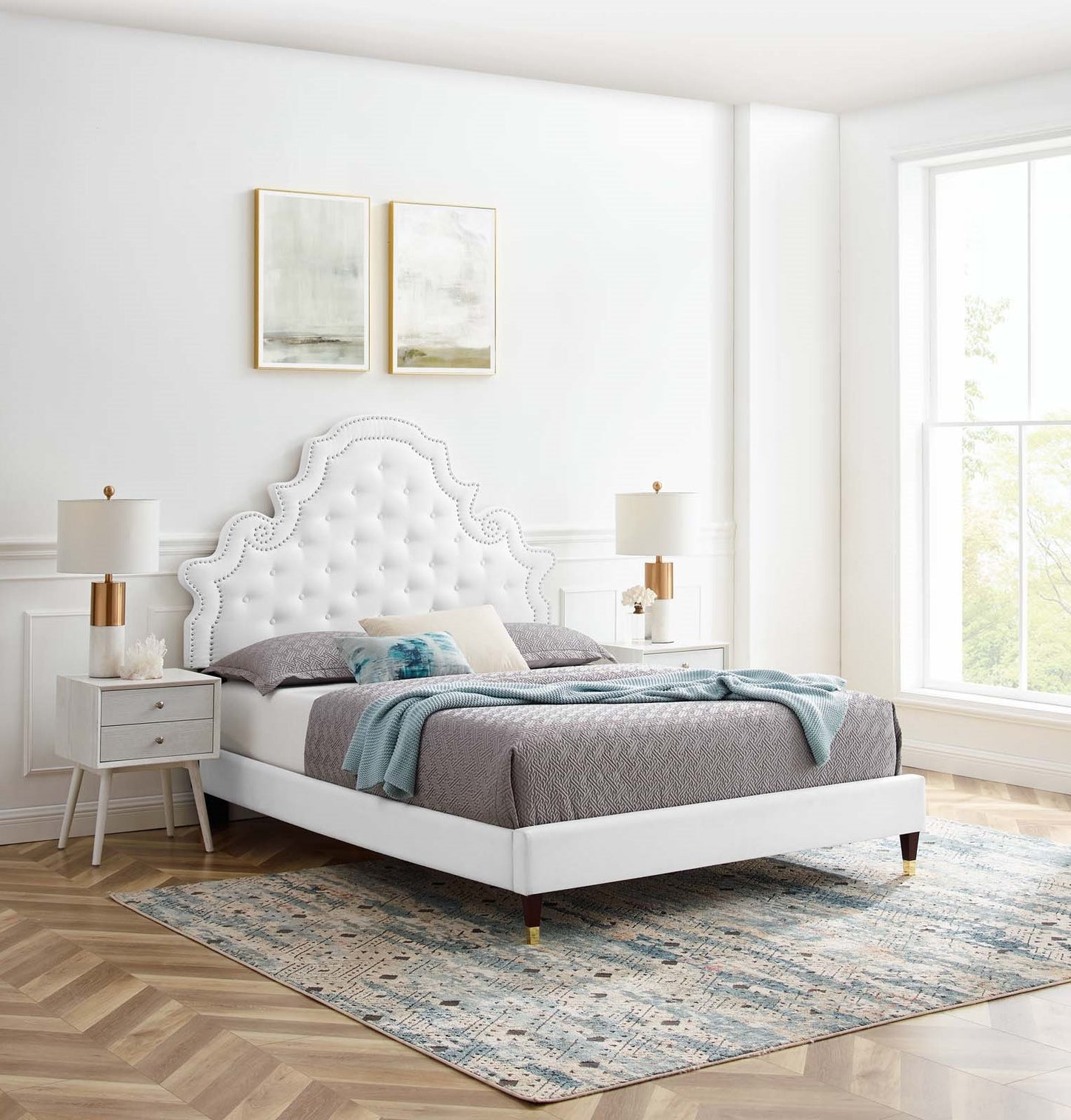 Gwyneth Tufted Performance Velvet King Platform Bed, Velvet, White, 22761