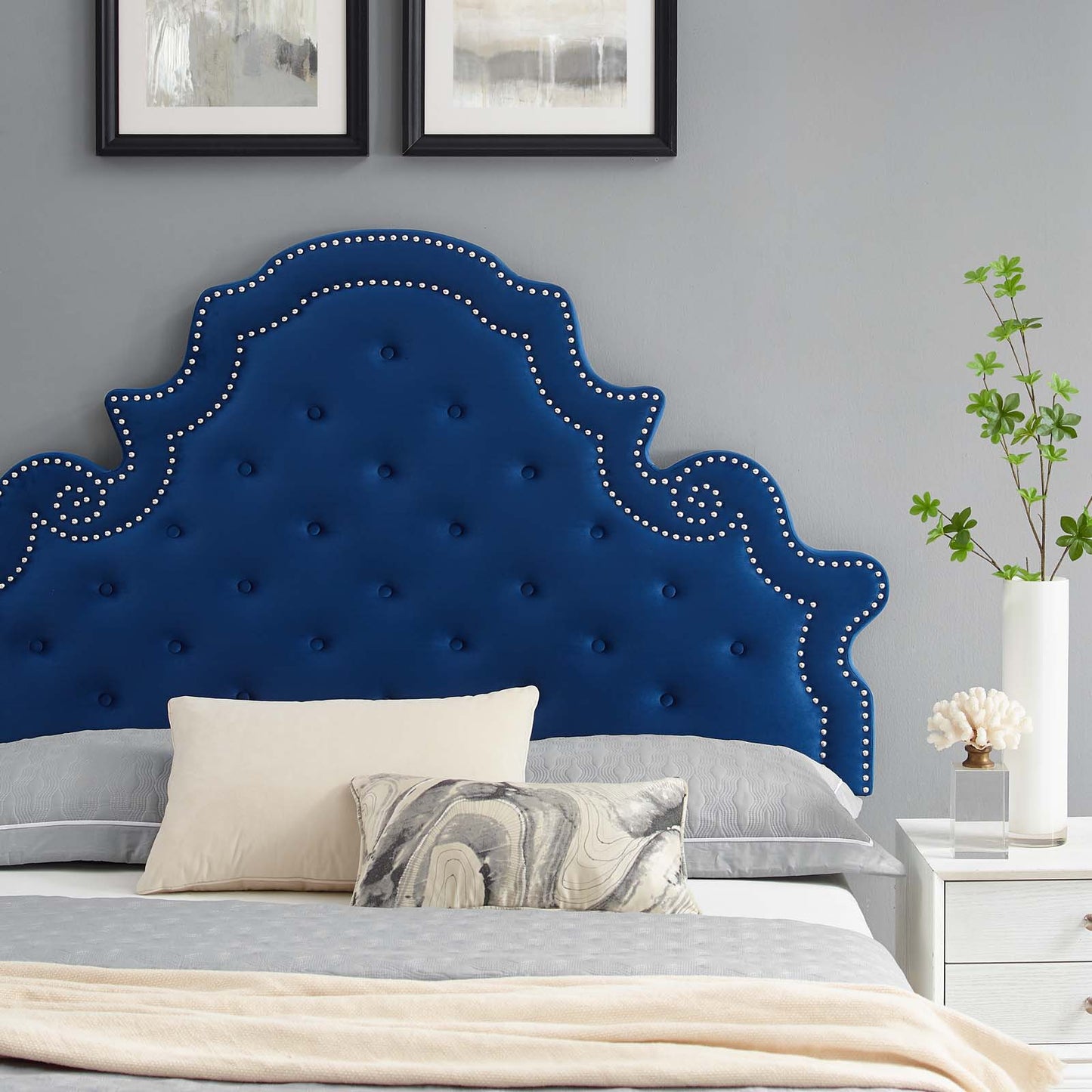 Gwyneth Tufted Performance Velvet King Platform Bed, Velvet, Blue Navy, 22766