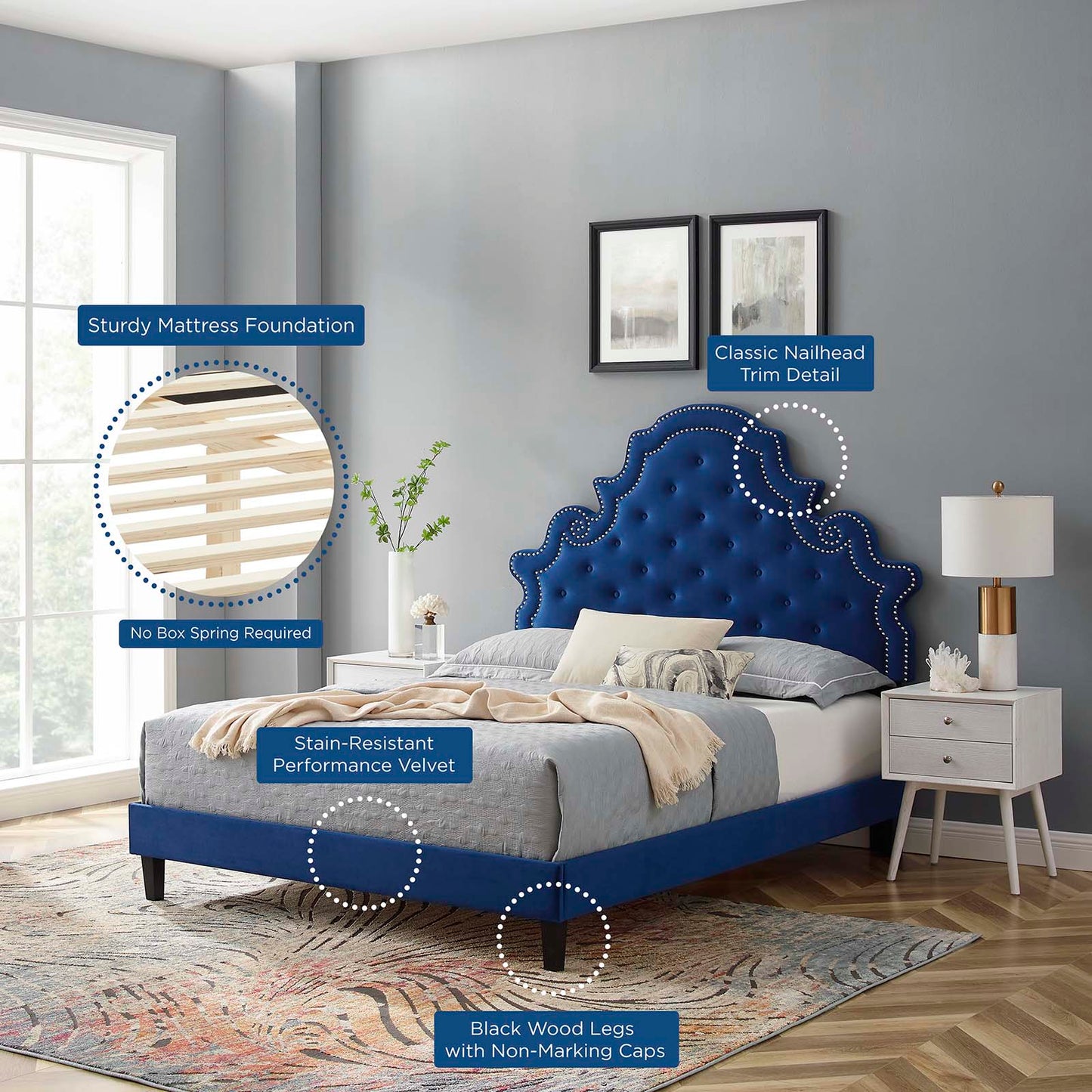 Gwyneth Tufted Performance Velvet King Platform Bed, Velvet, Blue Navy, 22766