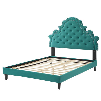 Gwyneth Tufted Performance Velvet King Platform Bed, Velvet, Teal Blue, 22768