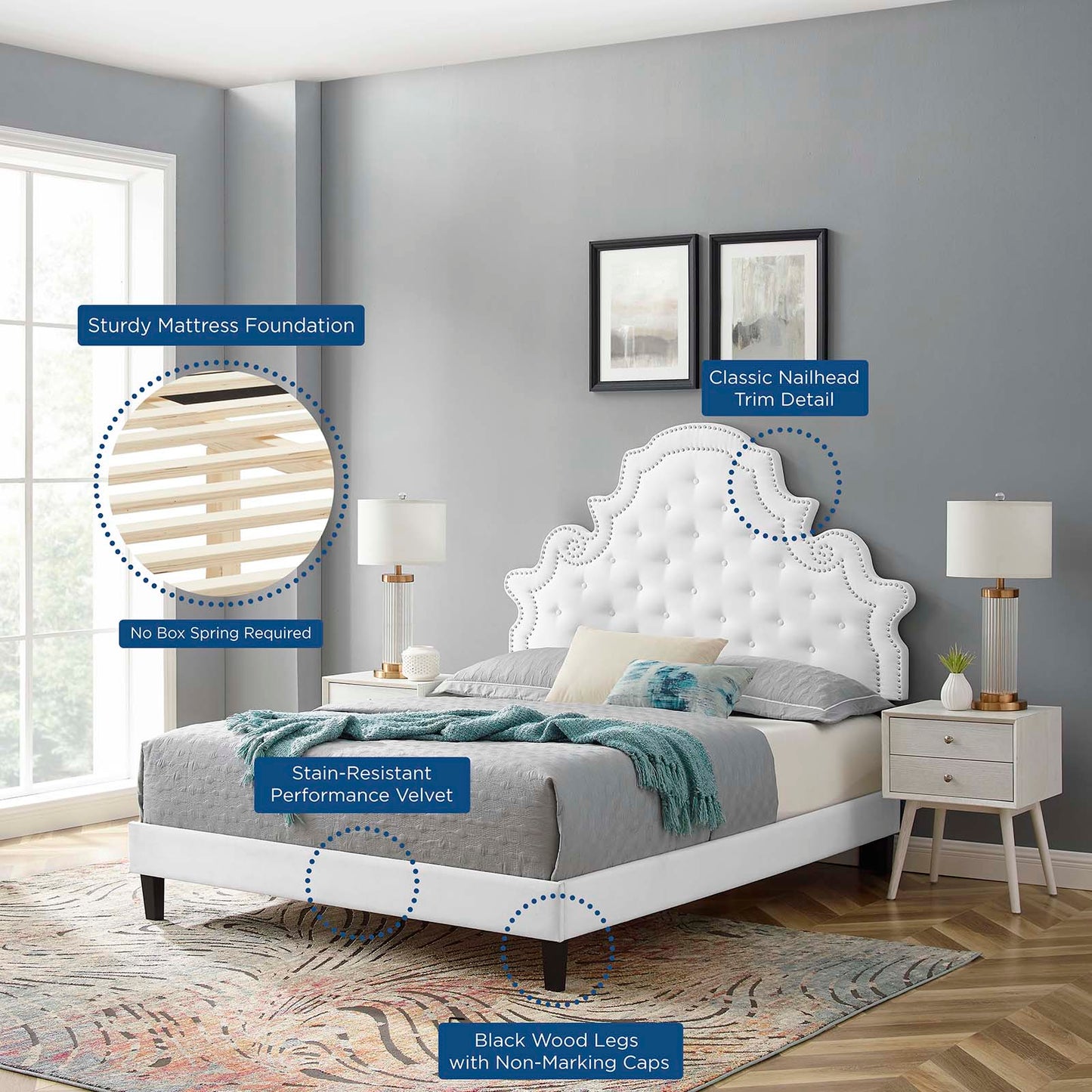 Gwyneth Tufted Performance Velvet King Platform Bed, Velvet, White, 22769