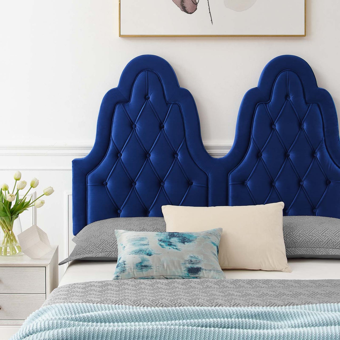 Alexandria Tufted Performance Velvet Queen Platform Bed, Velvet, Blue Navy, 22774