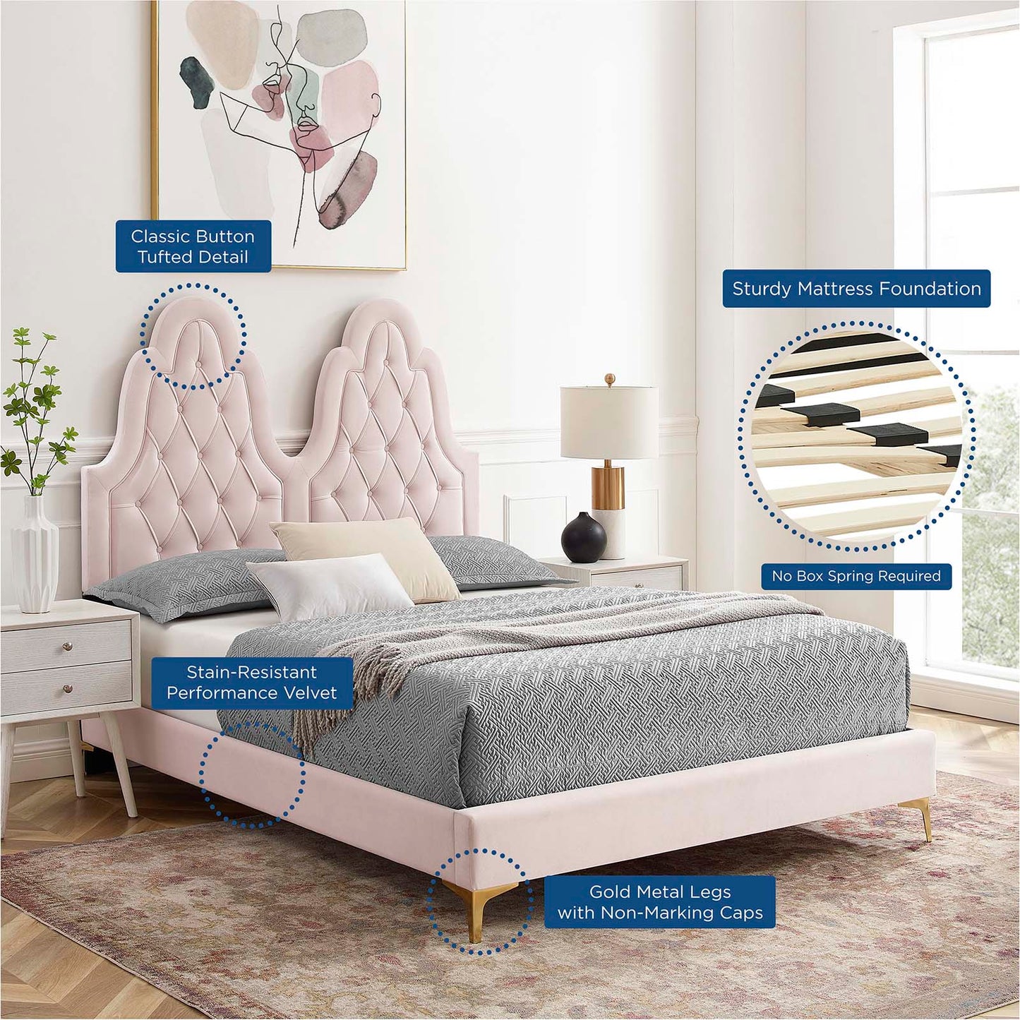 Alexandria Tufted Performance Velvet Queen Platform Bed, Velvet, Pink, 22775