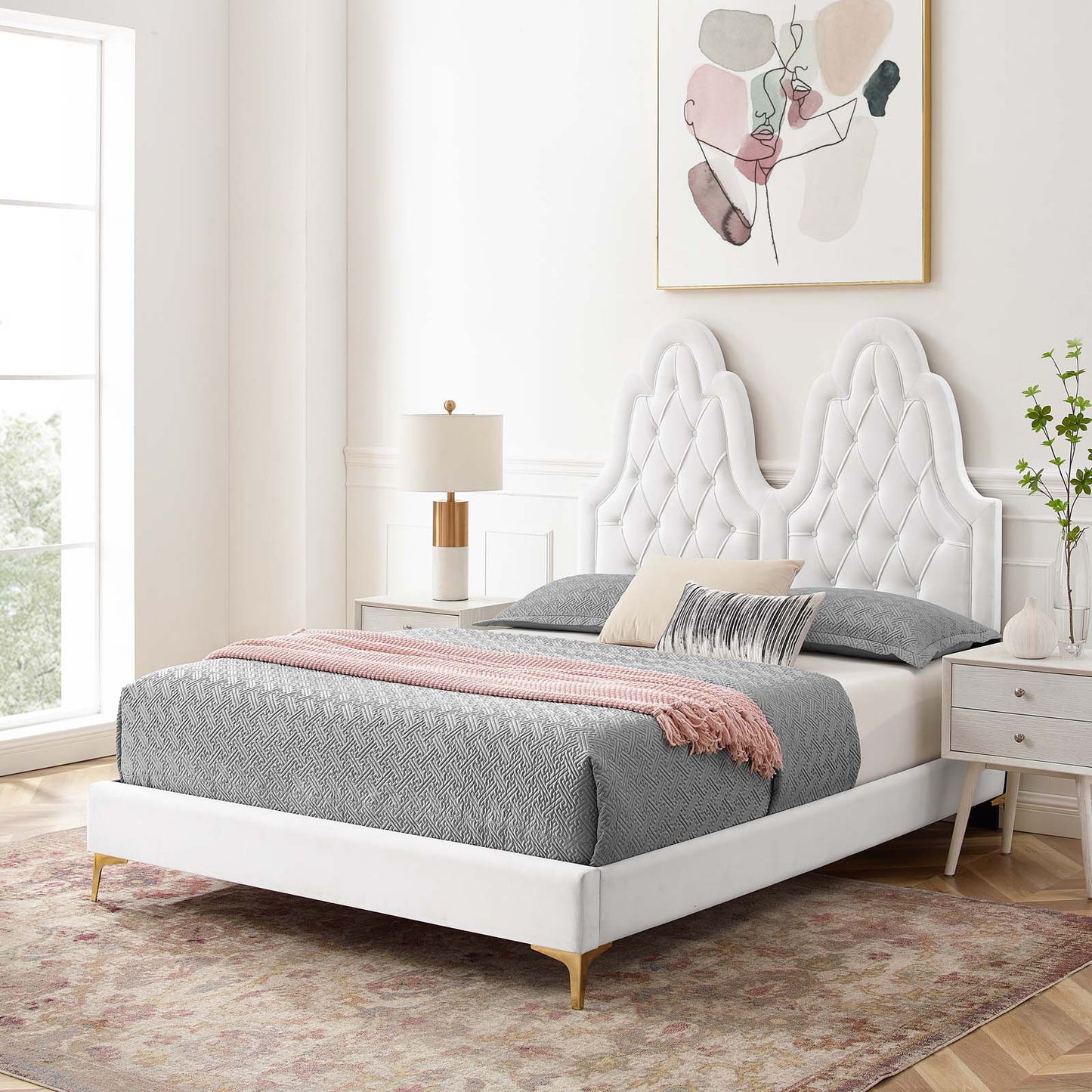 Alexandria Tufted Performance Velvet Queen Platform Bed, Velvet, White, 22777
