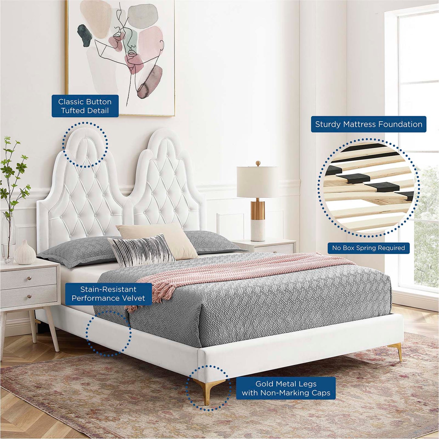 Alexandria Tufted Performance Velvet Queen Platform Bed, Velvet, White, 22777