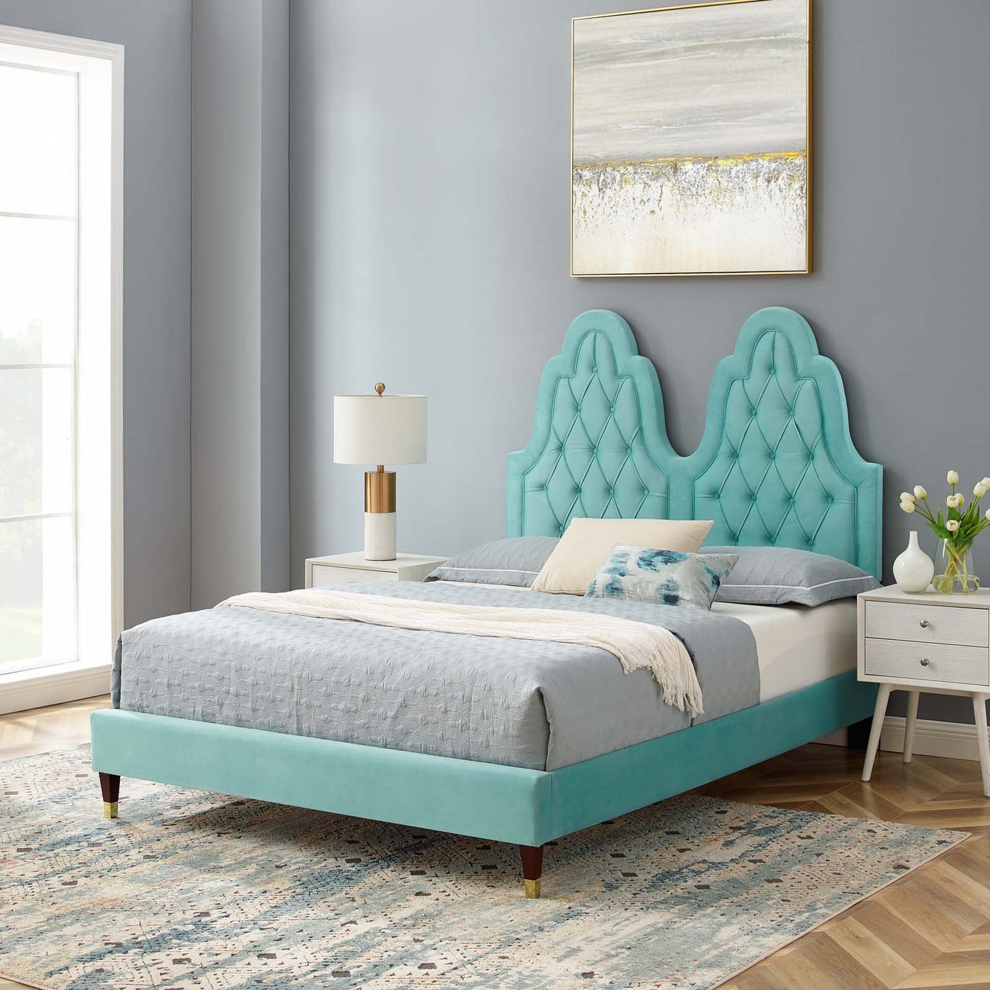 Alexandria Tufted Performance Velvet Queen Platform Bed, Velvet, Blue, 22781