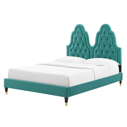 Alexandria Tufted Performance Velvet Queen Platform Bed, Velvet, Teal Blue, 22784