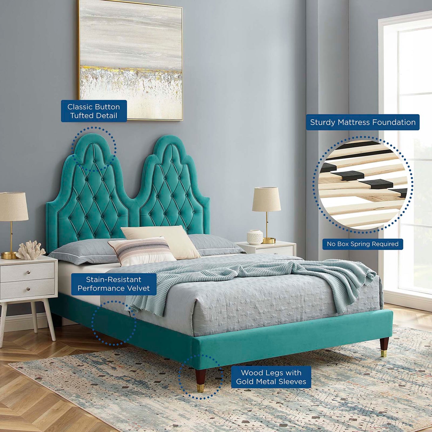 Alexandria Tufted Performance Velvet Queen Platform Bed, Velvet, Teal Blue, 22784