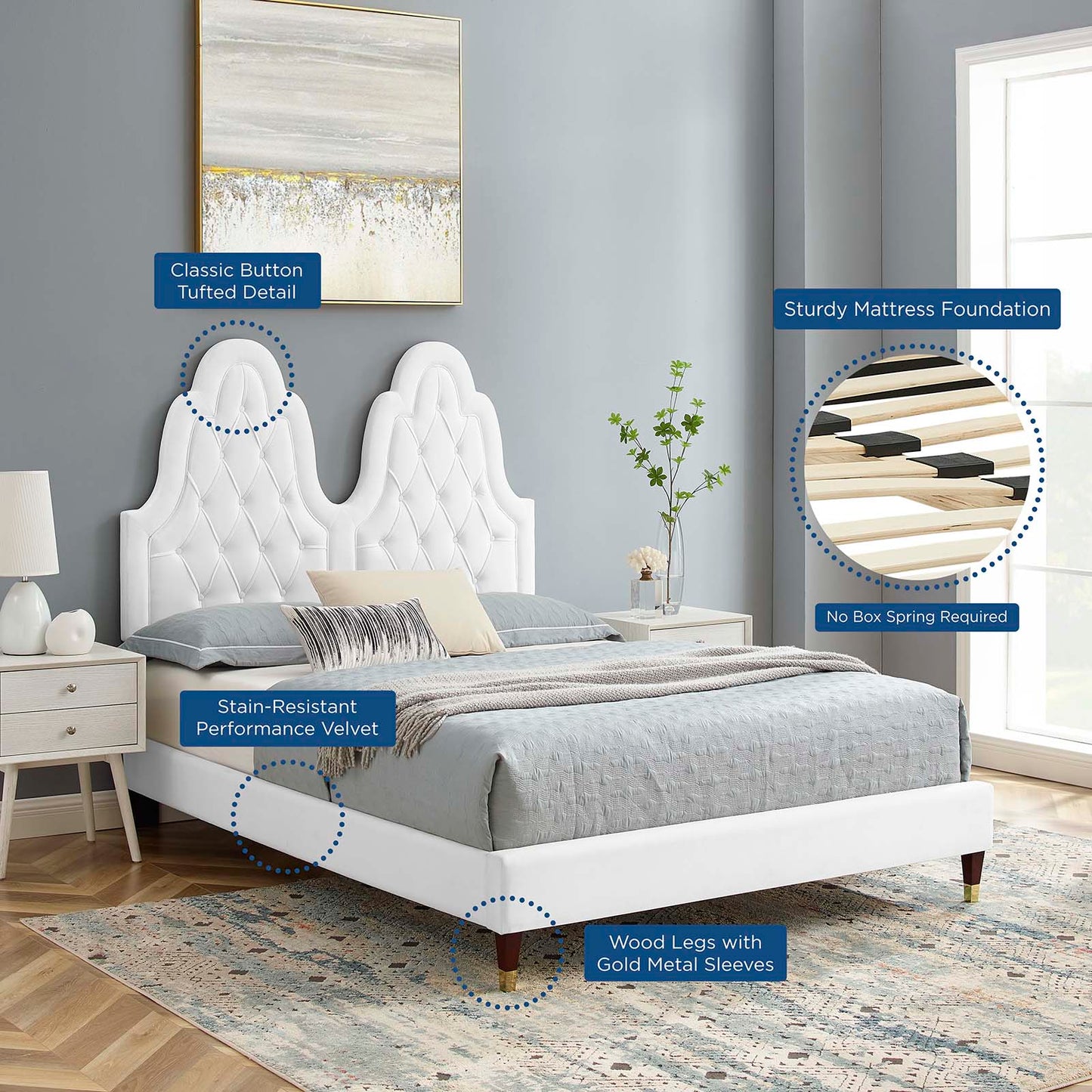 Alexandria Tufted Performance Velvet Queen Platform Bed, Velvet, White, 22785