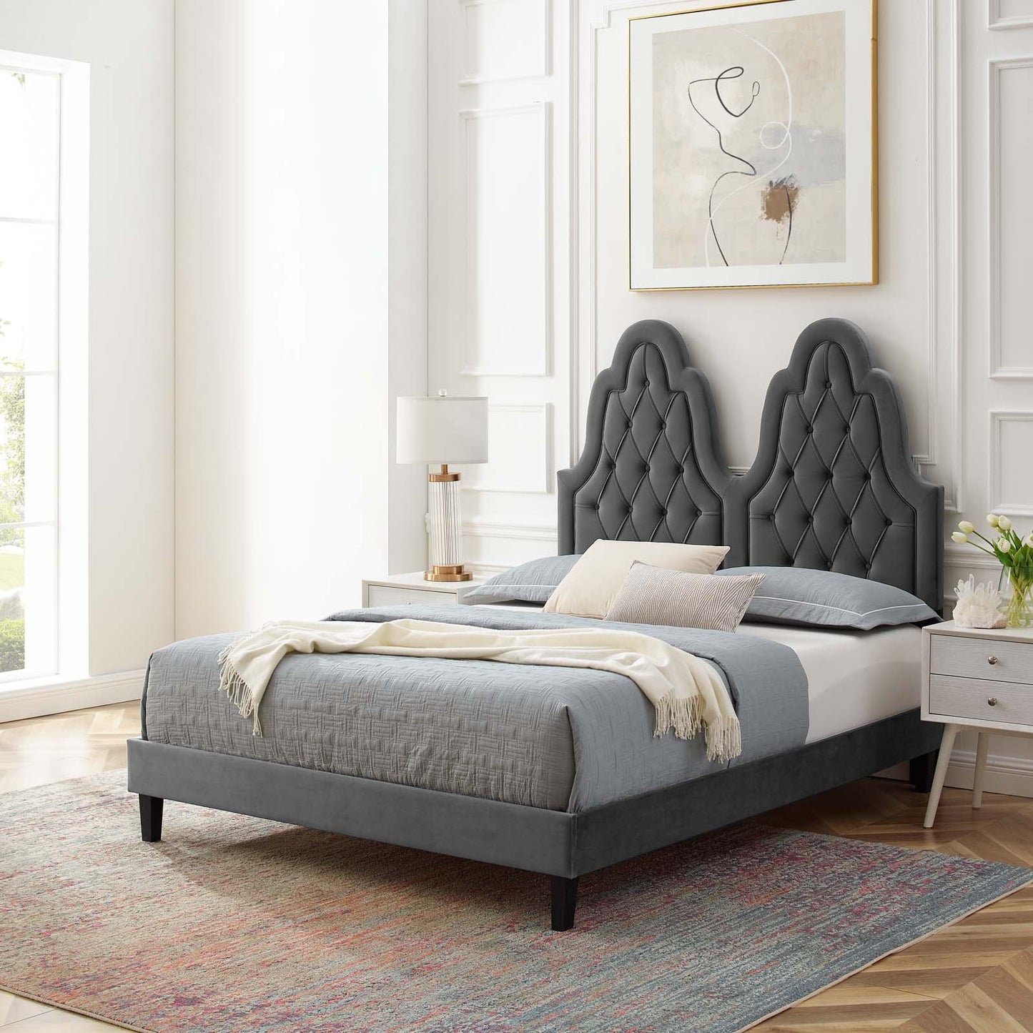 Alexandria Tufted Performance Velvet Queen Platform Bed, Velvet, Dark Grey Gray, 22786