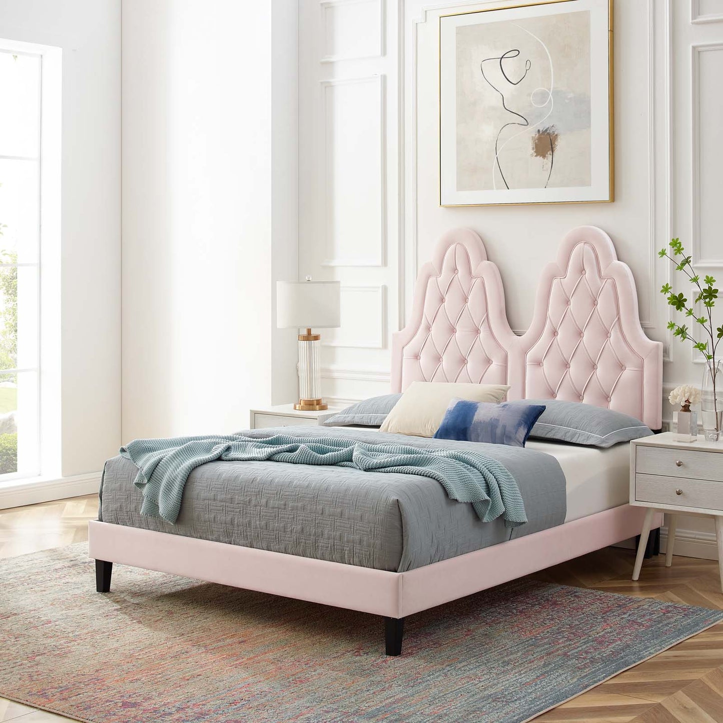 Alexandria Tufted Performance Velvet Queen Platform Bed, Velvet, Pink, 22791