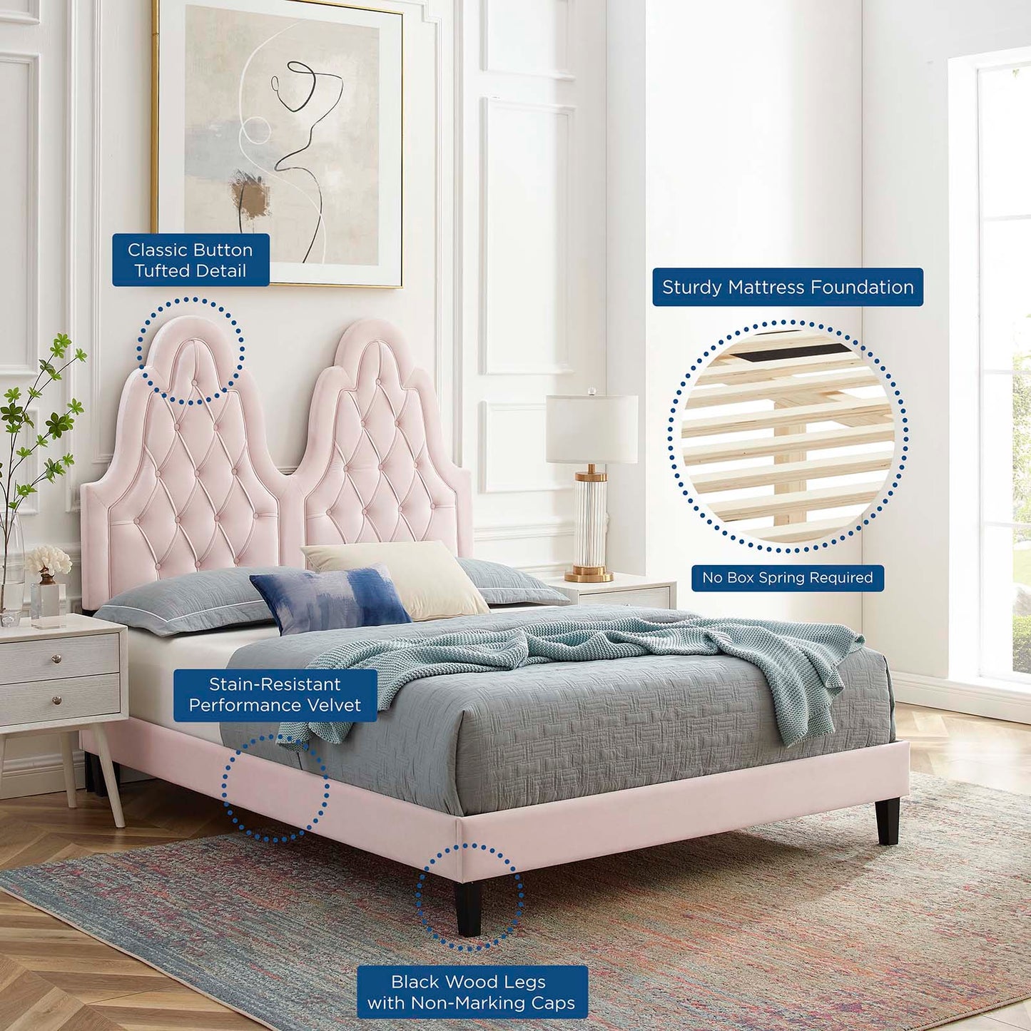 Alexandria Tufted Performance Velvet Queen Platform Bed, Velvet, Pink, 22791