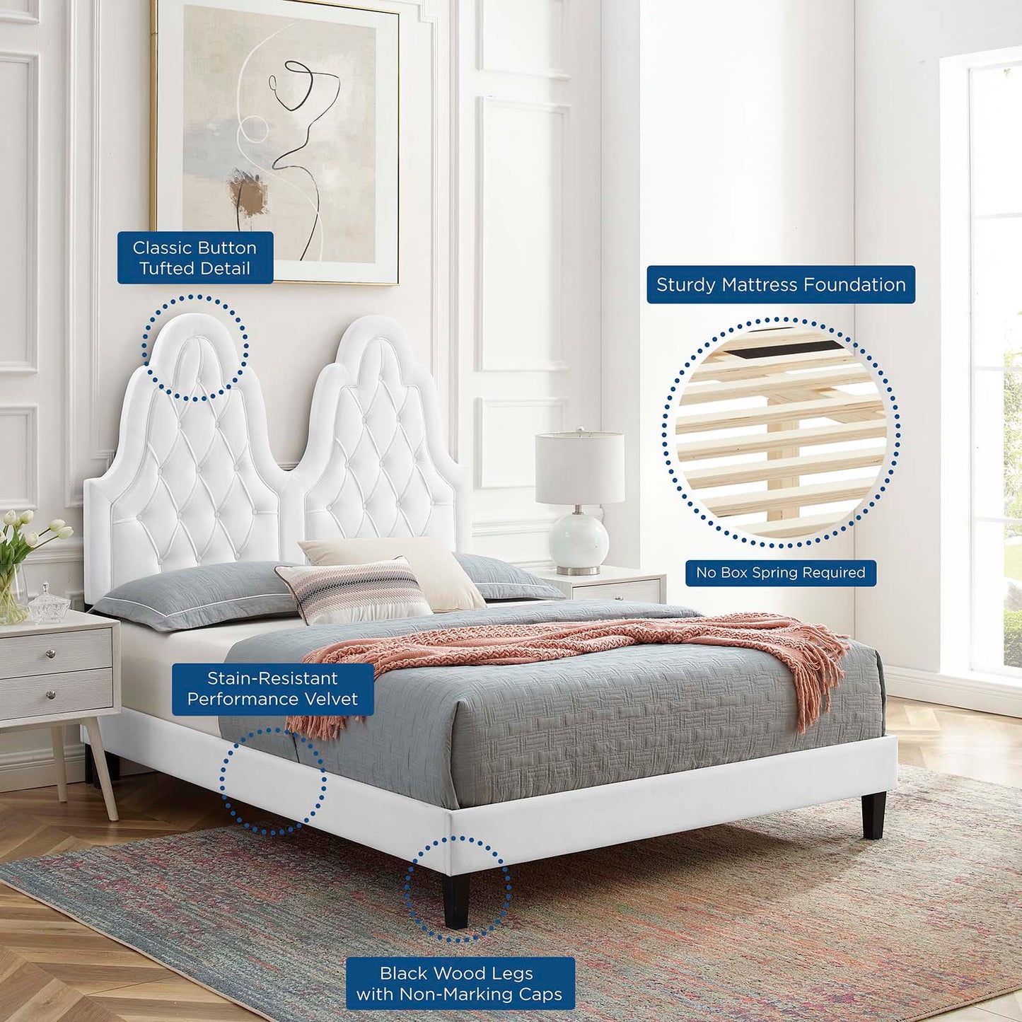 Alexandria Tufted Performance Velvet Queen Platform Bed, Velvet, White, 22793