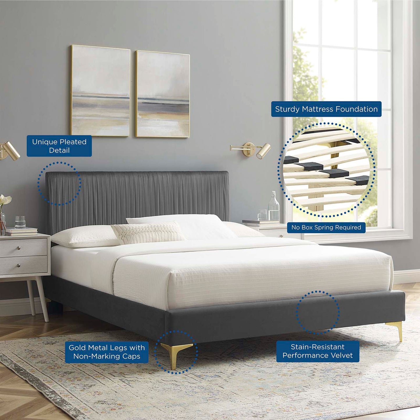 Peyton Performance Velvet Twin Platform Bed, Velvet, Dark Grey Gray, 23186