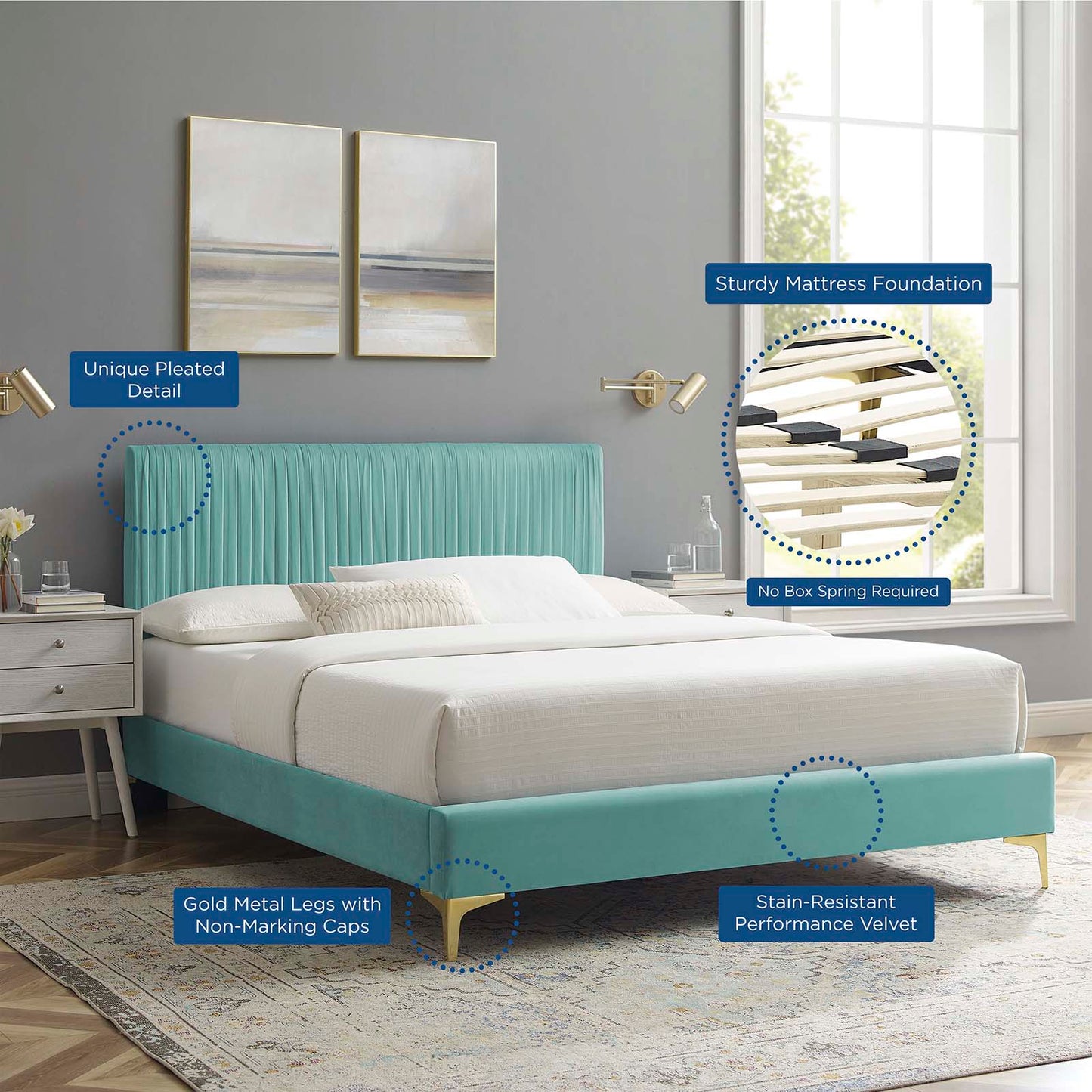 Peyton Performance Velvet Twin Platform Bed, Velvet, Blue, 23189