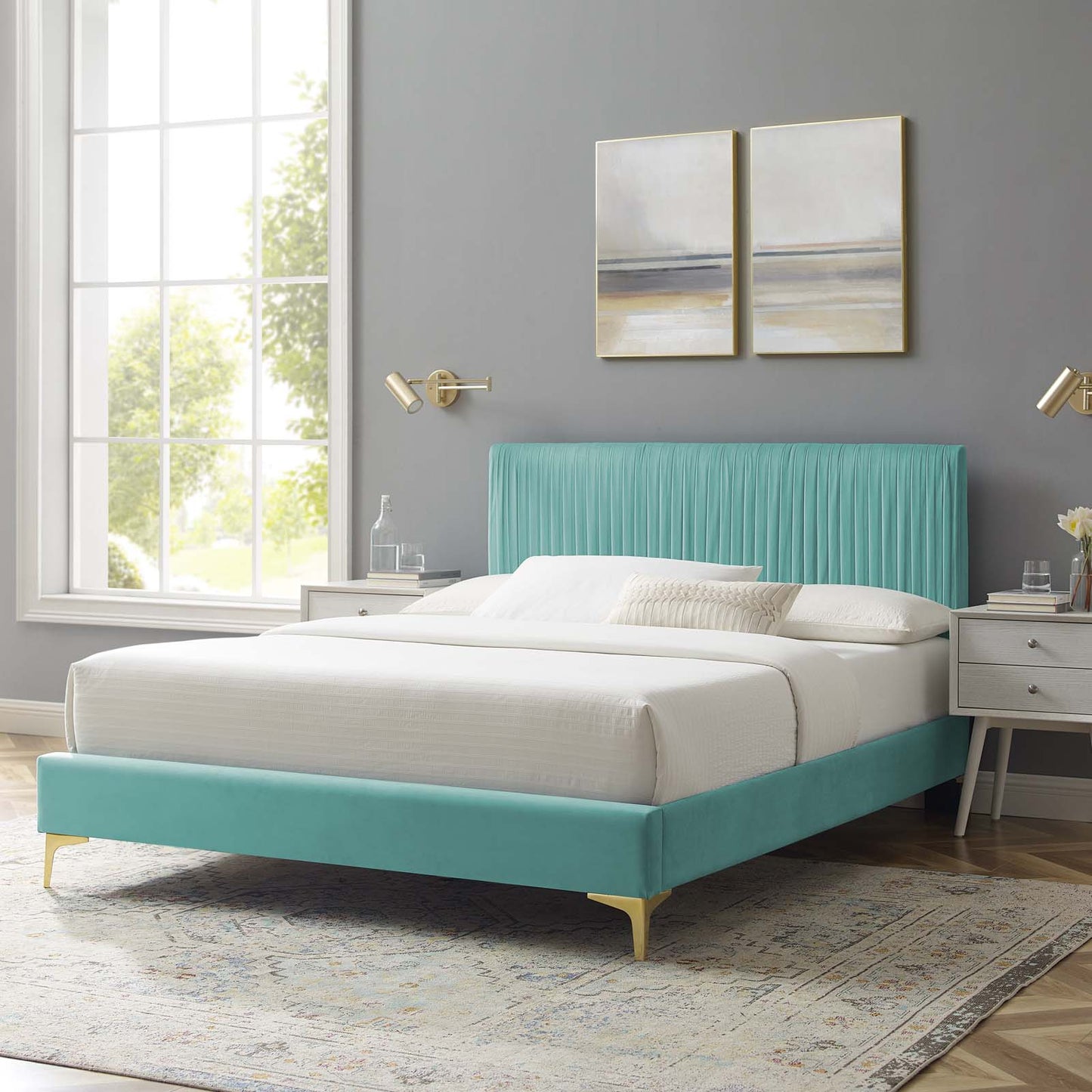 Peyton Performance Velvet Twin Platform Bed, Velvet, Blue, 23189