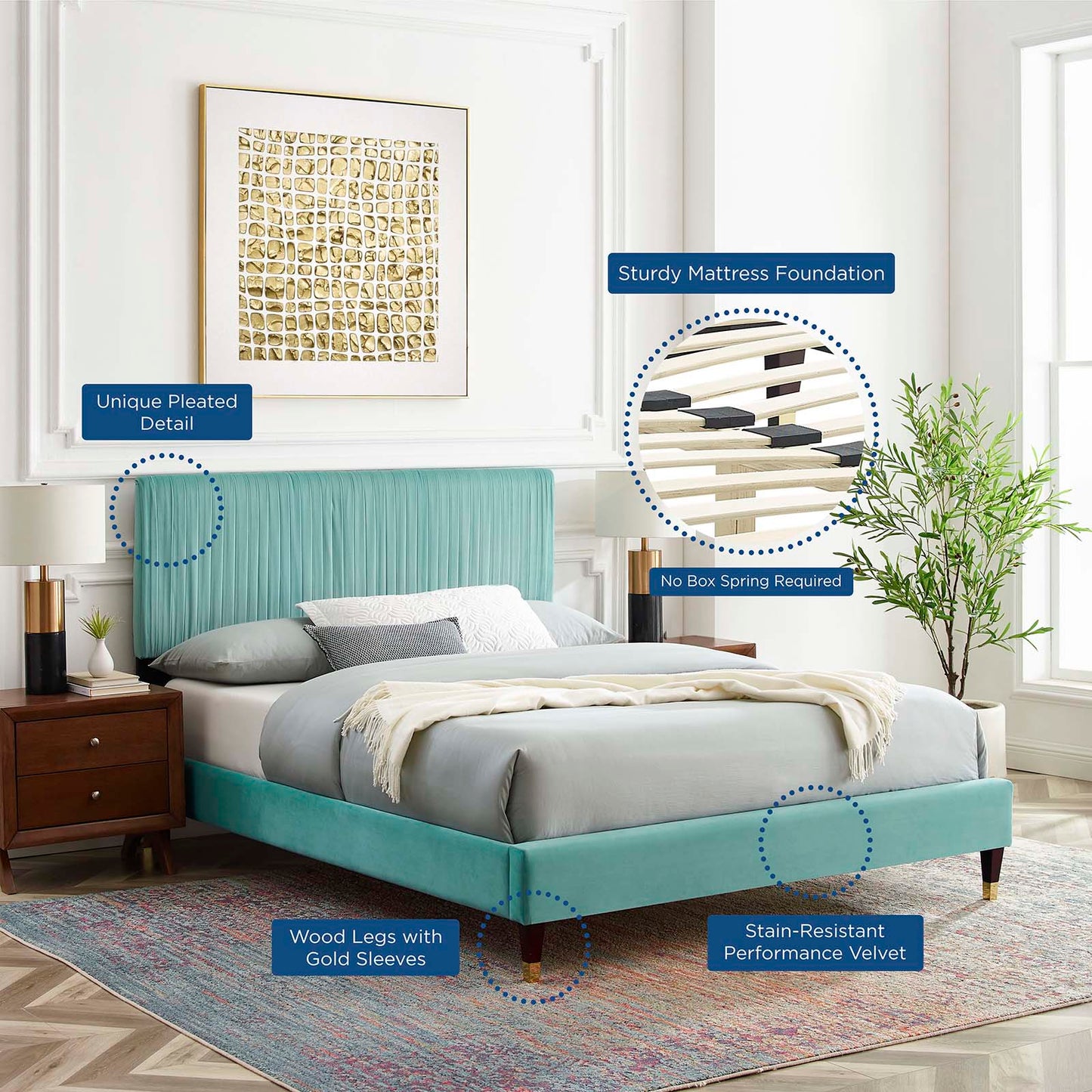 Peyton Performance Velvet Twin Platform Bed, Velvet, Blue, 23197