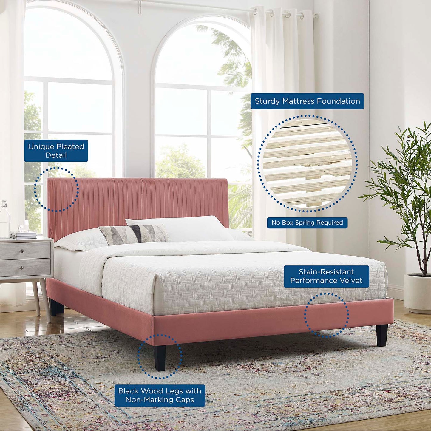 Peyton Performance Velvet Twin Platform Bed, Velvet, Pink, 23203