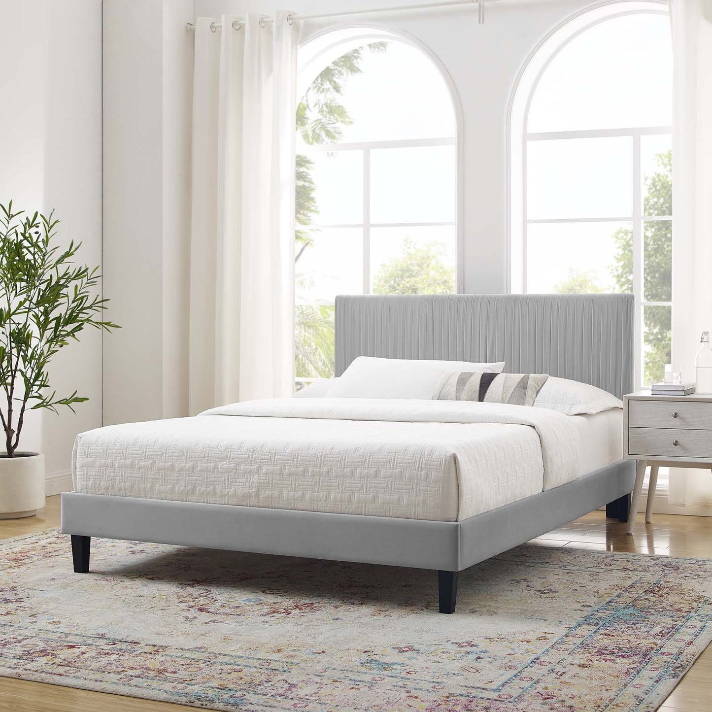 Peyton Performance Velvet Twin Platform Bed, Velvet, Light Grey Gray, 23204