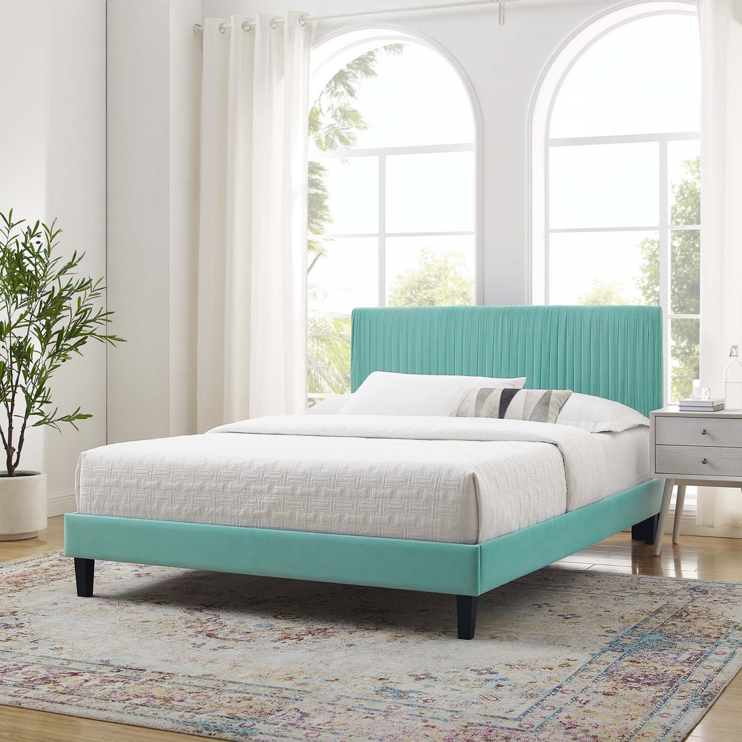 Peyton Performance Velvet Twin Platform Bed, Velvet, Blue, 23205