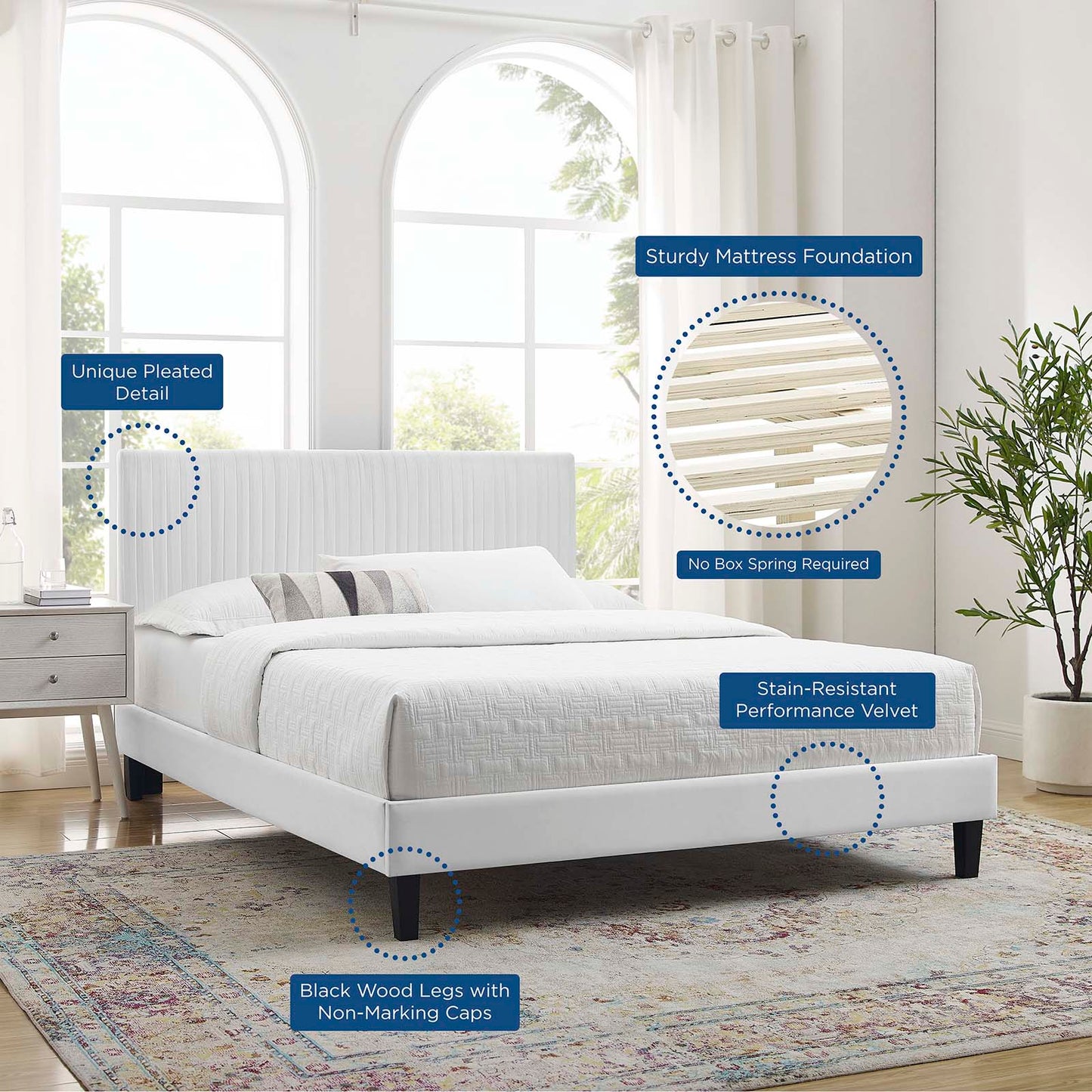 Peyton Performance Velvet Twin Platform Bed, Velvet, White, 23209