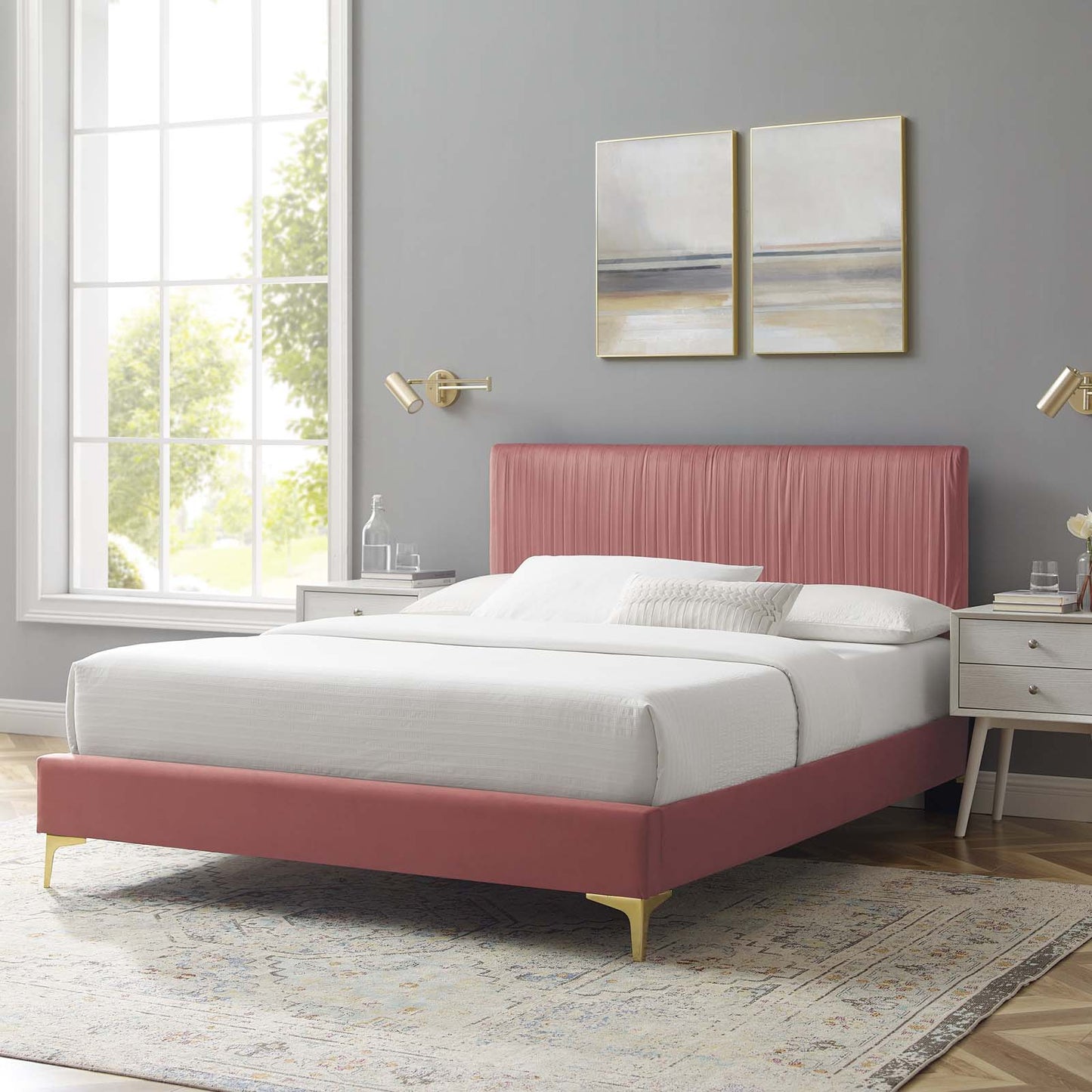 Peyton Performance Velvet Full Platform Bed, Velvet, Pink, 23211