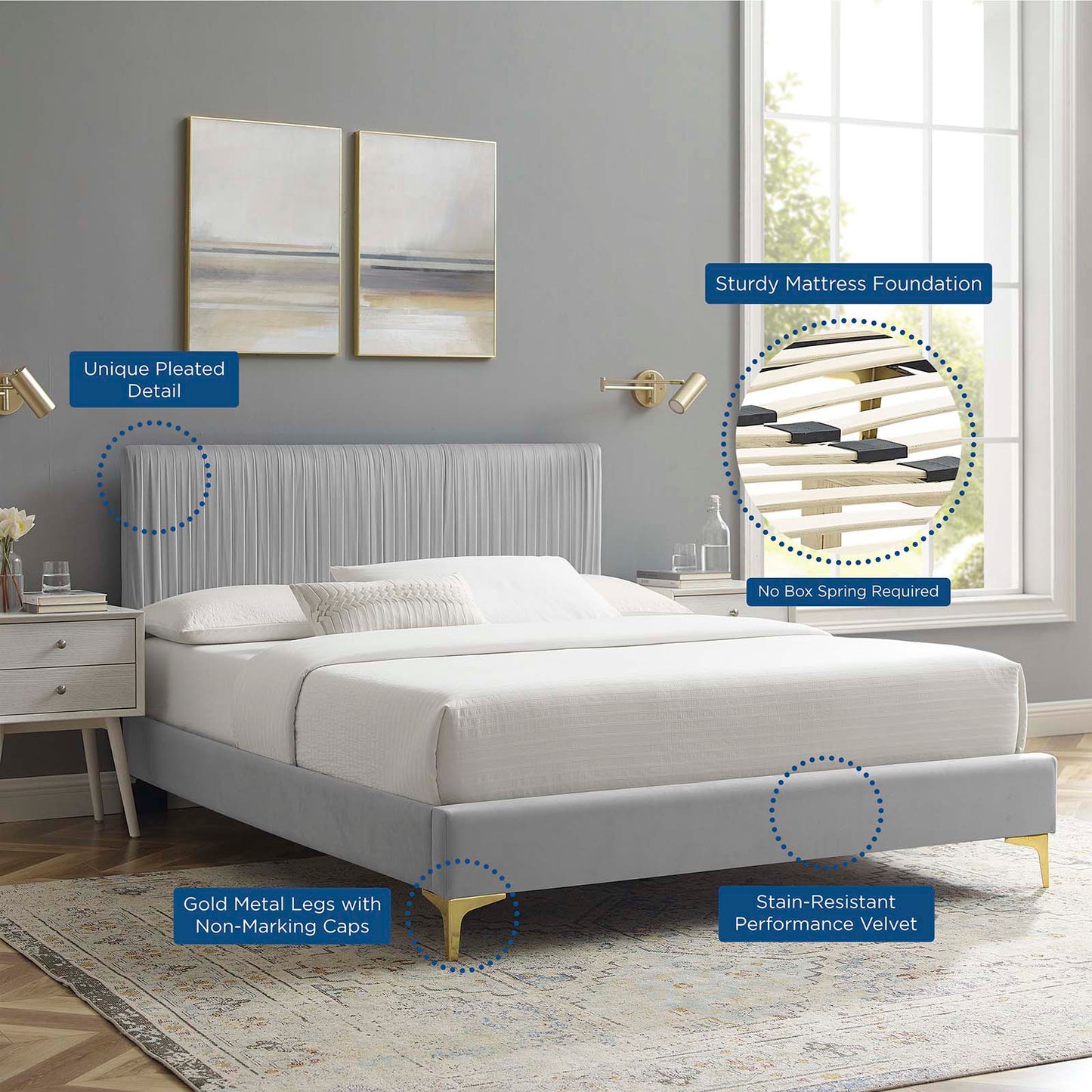 Peyton Performance Velvet Full Platform Bed, Velvet, Light Grey Gray, 23212
