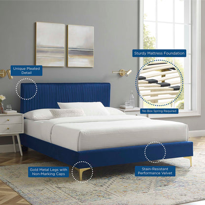 Peyton Performance Velvet Full Platform Bed, Velvet, Blue Navy, 23214