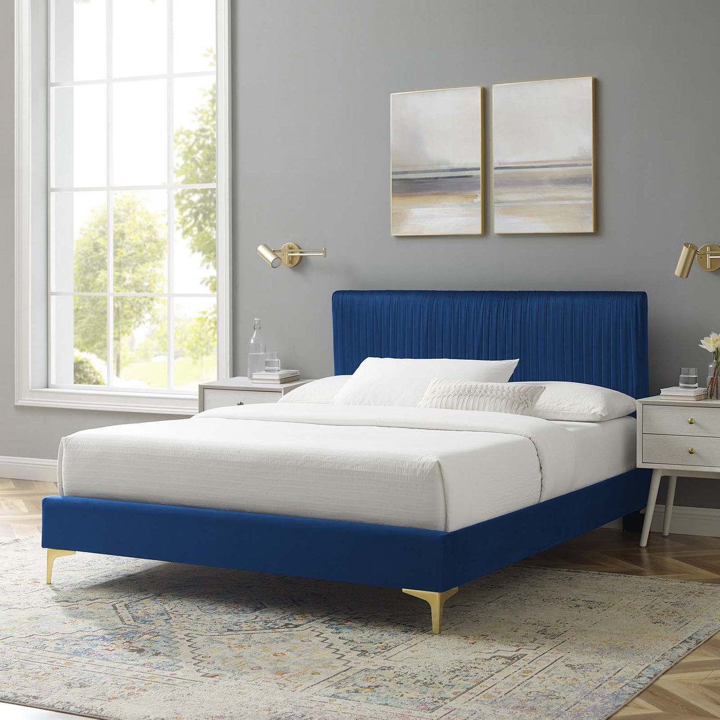 Peyton Performance Velvet Full Platform Bed, Velvet, Blue Navy, 23214
