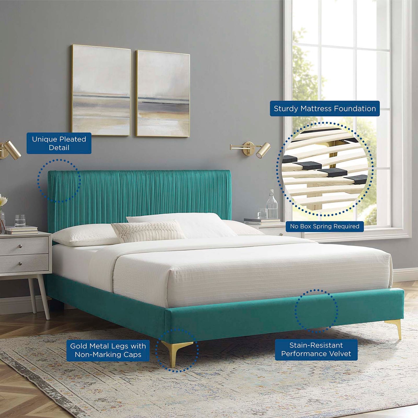 Peyton Performance Velvet Full Platform Bed, Velvet, Teal Blue, 23216