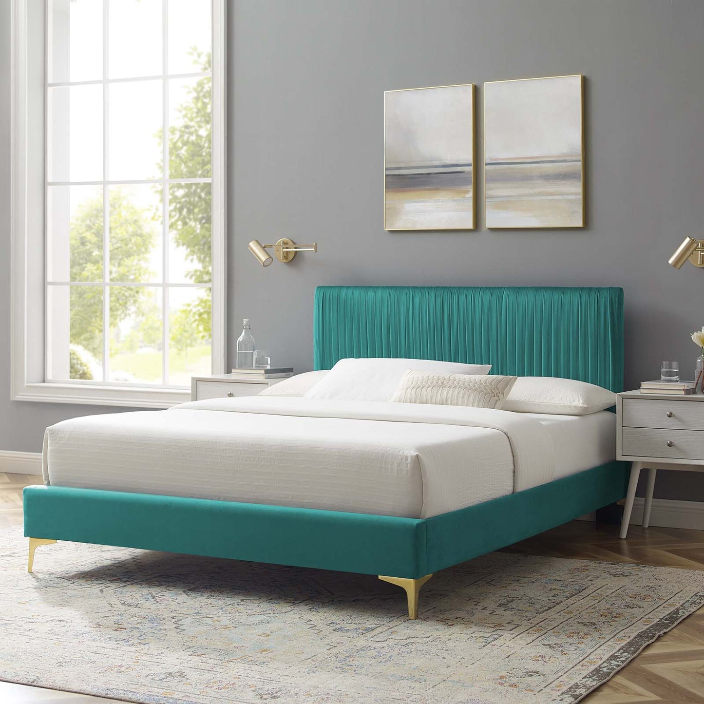 Peyton Performance Velvet Full Platform Bed, Velvet, Teal Blue, 23216