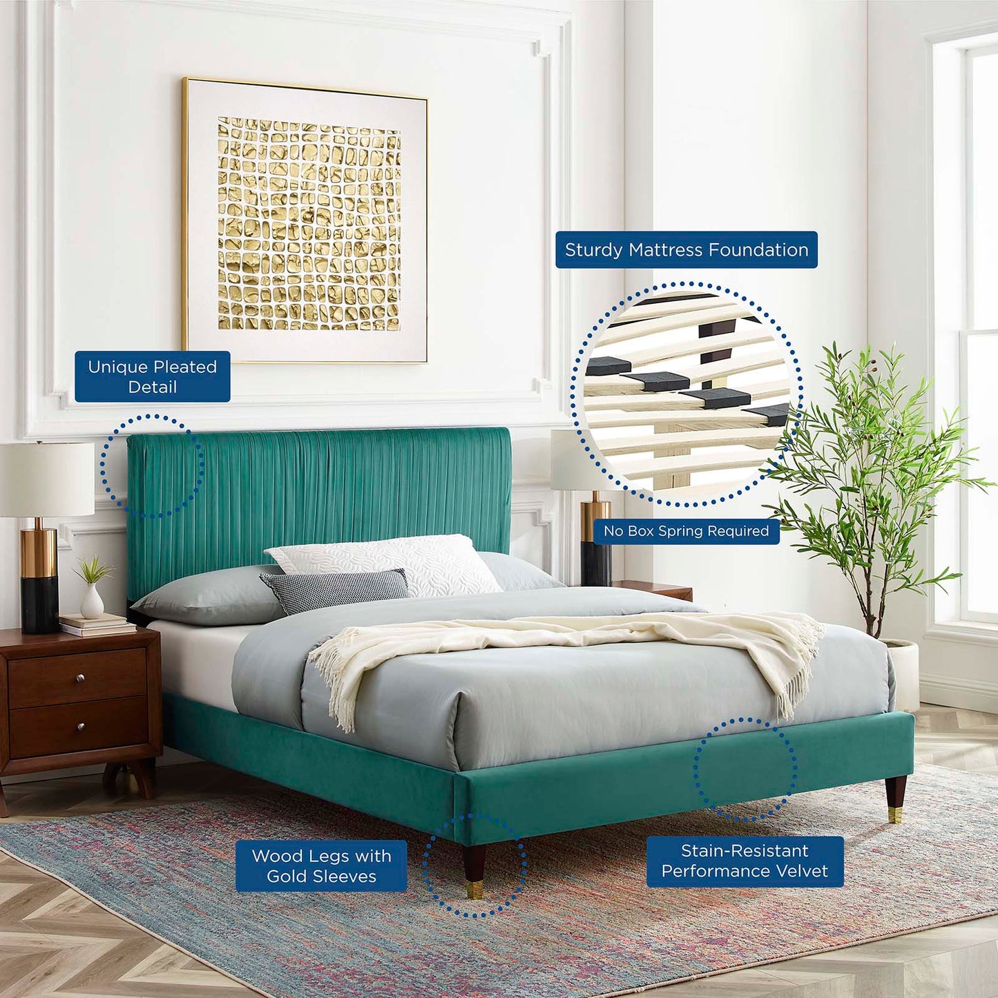 Peyton Performance Velvet Full Platform Bed, Velvet, Teal Blue, 23224