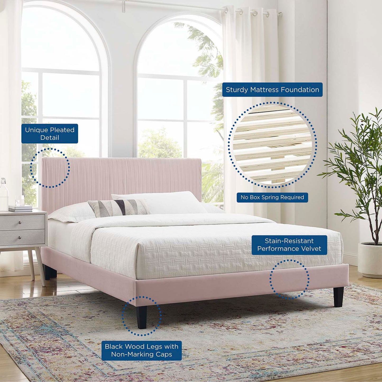 Peyton Performance Velvet Full Platform Bed, Velvet, Pink, 23231