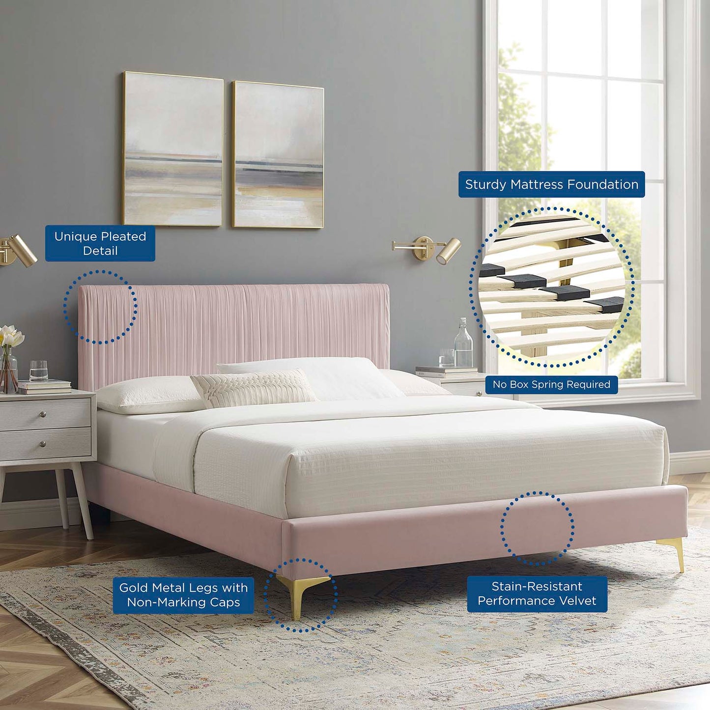 Peyton Performance Velvet King Platform Bed, Velvet, Pink, 23239
