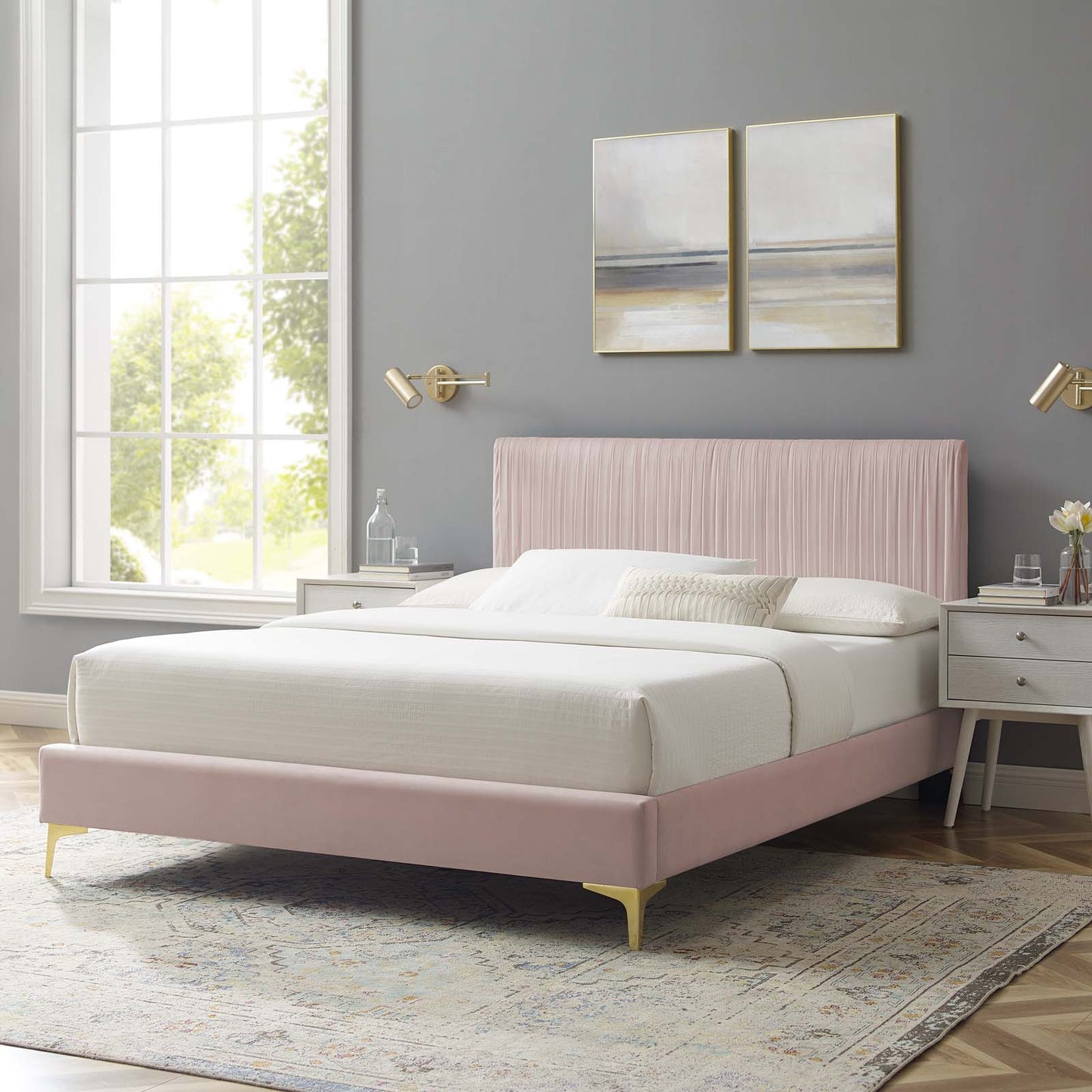 Peyton Performance Velvet King Platform Bed, Velvet, Pink, 23239