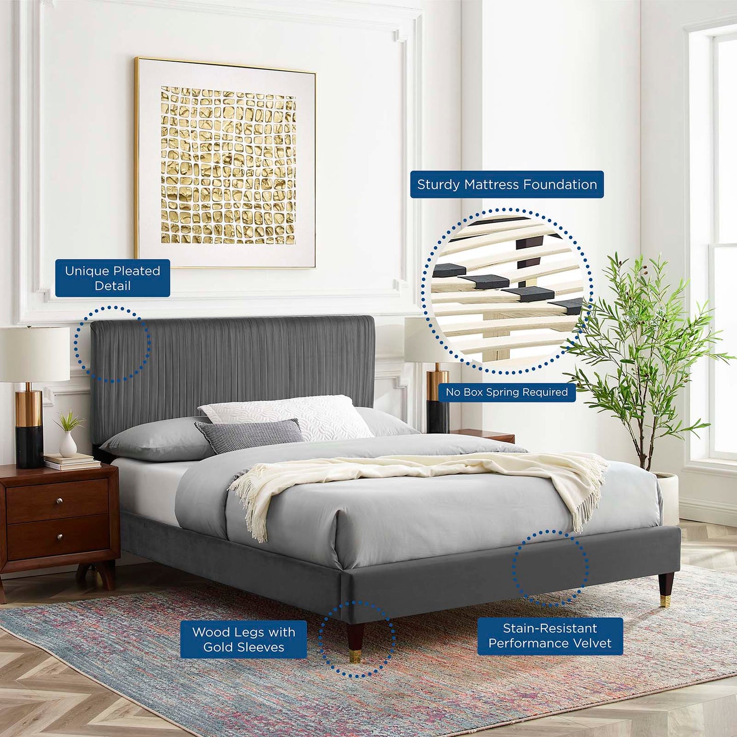 Peyton Performance Velvet King Platform Bed, Velvet, Dark Grey Gray, 23242