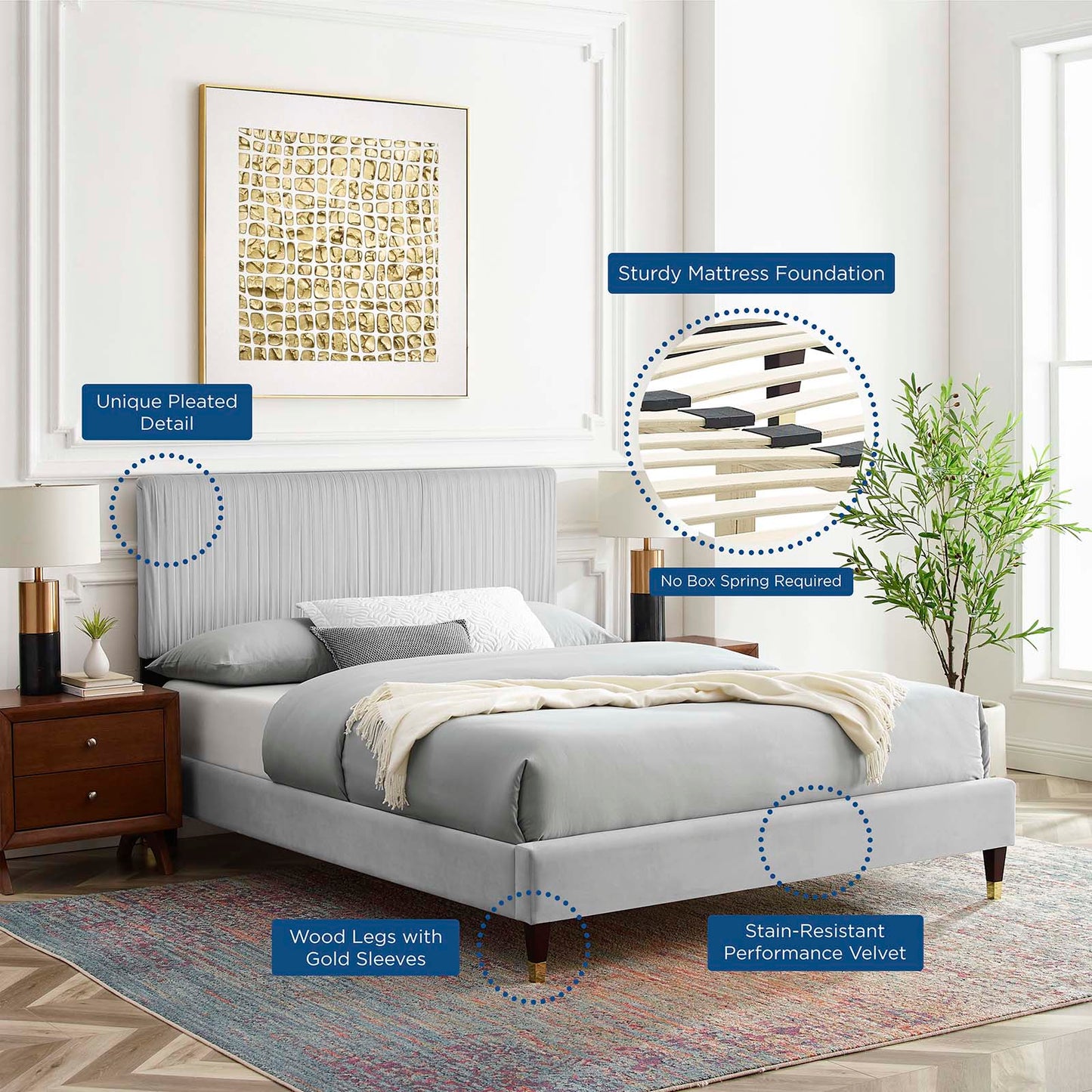 Peyton Performance Velvet King Platform Bed, Velvet, Light Grey Gray, 23244