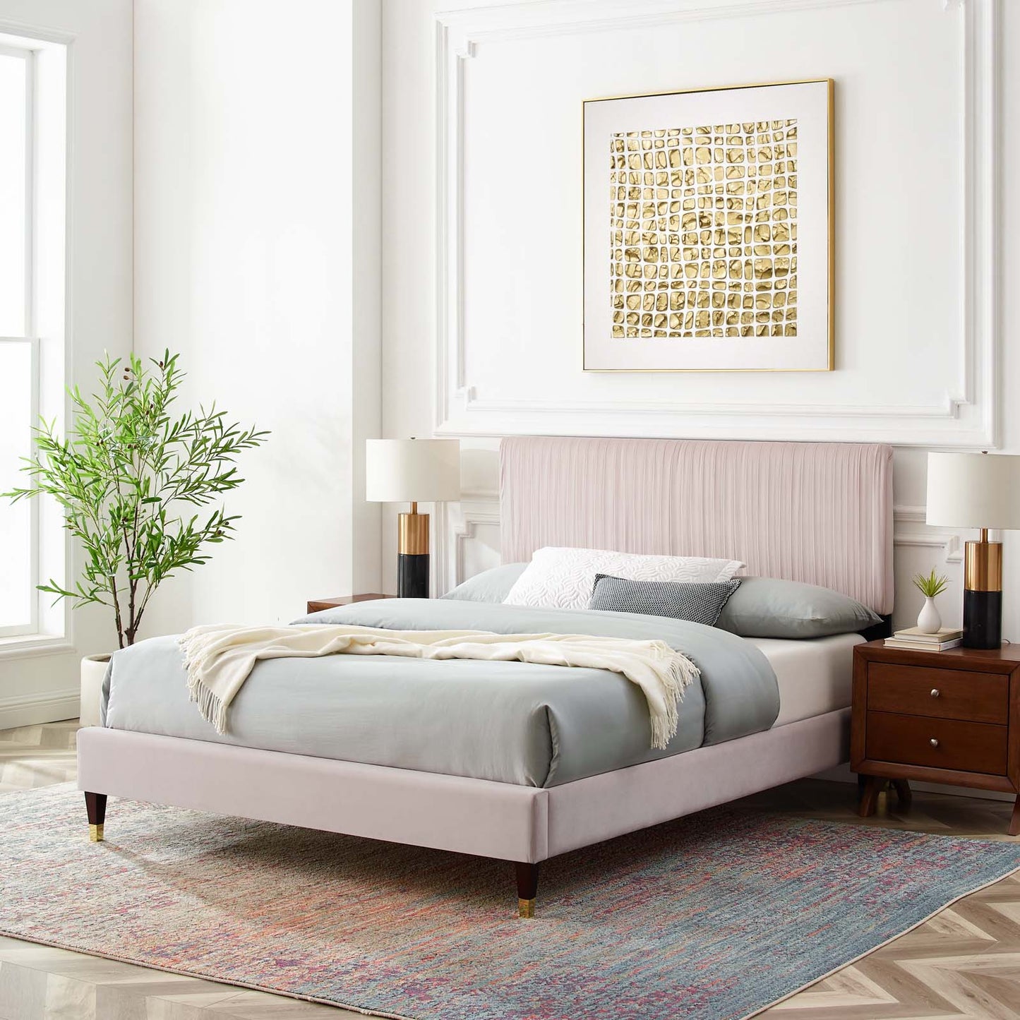 Peyton Performance Velvet King Platform Bed, Velvet, Pink, 23247